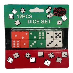 12 Lucky dices on card 3 mixed colours 