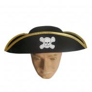 Pirate hat with skeleton badge & gold rim   